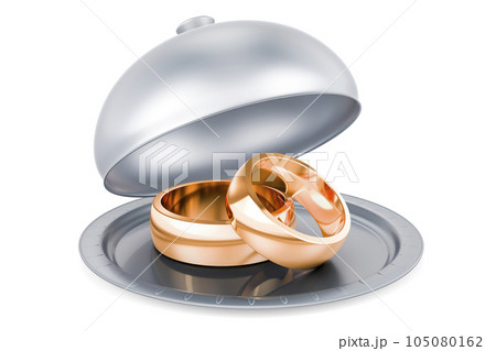 Restaurant cloche with golden wedding rings, 3D rendering Restaurant cloche with golden wedding rings, 3D rendering 105080162