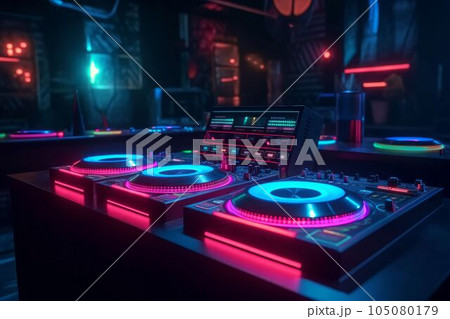 DJ audio mixer controller of electronic music in a nightclub Created with Generative AI technology. 105080179
