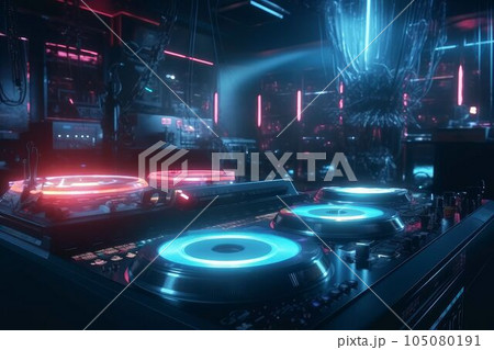 DJ audio mixer controller of electronic music in a nightclub Created with Generative AI technology. 105080191