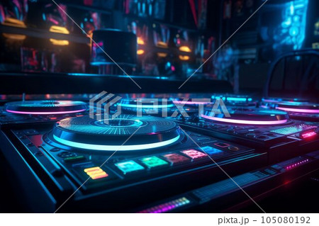 DJ audio mixer controller of electronic music in a nightclub Created with Generative AI technology. 105080192