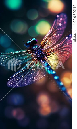 Beautiful colorful dragonfly on rainbow bokeh background Created with Generative AI technology. 105080213
