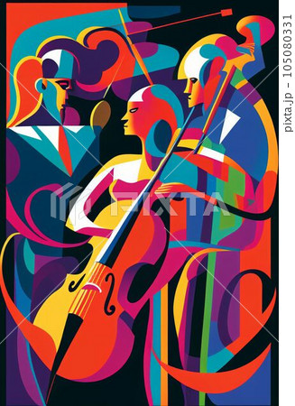 Illustration of abstract musician play music on big concert Created with Generative AI technology. 105080331