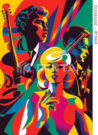 Illustration of abstract musician play music on big concert Created with Generative AI technology. 105080332