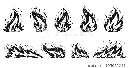 Cartoon fire set. Sparkling igniting flame. Hot temperature blazing dangerous fires. Flaming ignition, flammable blaze heat explosion danger natural gas flames energy flat black symbol, stencil stamp Cartoon fire set. Sparkling igniting flame. Hot temperature blazing dangerous fires. Flaming ignition, flammable blaze heat explosion danger natural gas flames energy flat black symbol, stencil stamp 105081241