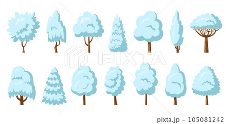 Winter tree icon set. Snowy white plants side view. Arboretum willow oak poplar birch. Cartoon different trees frosty forest. Botanical natural garden maple aspen alder ash linden acacia chestnut elm Winter tree icon set. Snowy white plants side view. Arboretum willow oak poplar birch. Cartoon different trees frosty forest. Botanical natural garden maple aspen alder ash linden acacia chestnut elm 105081242