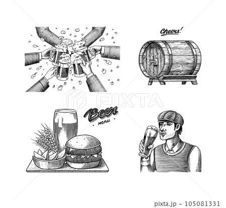 Cheers toast. Beer festival. Vintage Alcoholic. Mug with drink in hand. American banner or poster 105081331