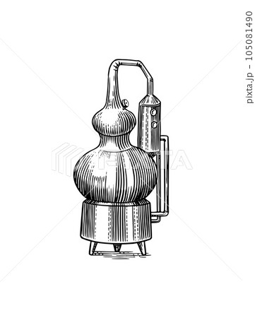 Distilled alcohol. Device for preparing tequila, cognac and spirits. Engraved hand drawn vintage 105081490