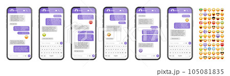 Smartphone messaging app, user interface design with emoji. SMS text frame. Chat screen with violet message bubbles. Texting app for communication. Social media application. Vector illustration 105081835