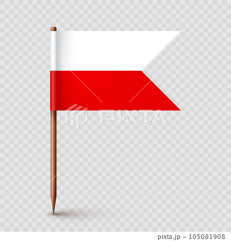 Polish toothpick flag. Souvenir from Poland. Wooden toothpick with paper flag. Location mark, map pointer. Blank mockup for advertising and promotions. Vector illustration 105081908