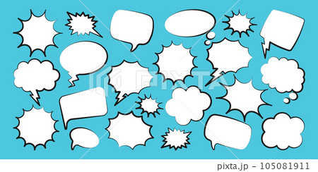 Comic speech bubbles. Outline, hand drawn retro cartoon stickers on blue background. Chatting and communication, dialog elements. Pop art style. Vector illustration 105081911