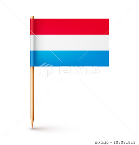 Luxembourgish toothpick flag. Souvenir from Luxembourg. Wooden toothpick with paper flag. Location mark, map pointer. Blank mockup for advertising and promotions. Vector illustration 105081915