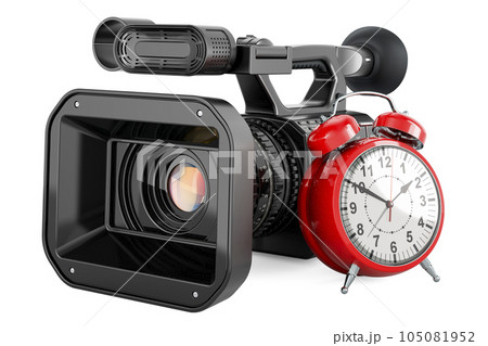 Professional video camera with alarm clock, 3D rendering Professional video camera with alarm clock, 3D rendering 105081952