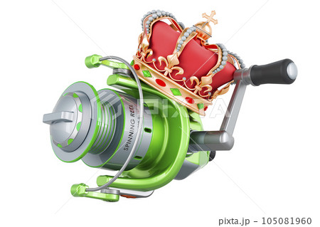 Spinning reel with golden crown, 3D rendering Spinning reel with golden crown, 3D rendering 105081960