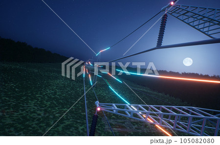 Energy travelling through overhead electric transfer lines suspended on power tower over countryside field. Transmission of electricity in electrical cables over night sky, 3D render animation 105082080