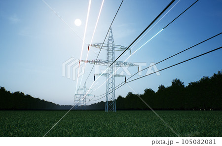Visualization of energy travelling through industrial power tower high voltage wires over blue sky. Transmission tower electricity obtained from sustainable sources, 3d render animation 105082081