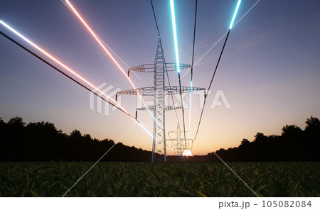 Energy stream flowing through steel tower high voltage power lines over sunrise horizon sky. Electric cables transmitting electricity obtained from sustainable sources, 3D render animation Energy stream flowing through steel tower high voltage power lines over sunrise horizon sky. Electric cables transmitting electricity obtained from sustainable sources, 3D render animation 105082084