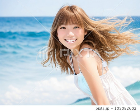 海岸でポーズをとる若い女性 海岸でポーズをとる若い女性 105082602