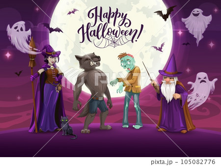 Halloween characters on midnight party. Cartoon wizard, witch, ghosts, vampire and zombie characters. Happy holiday vector design with hag, magician and monster personages at 31 October horror night 105082776