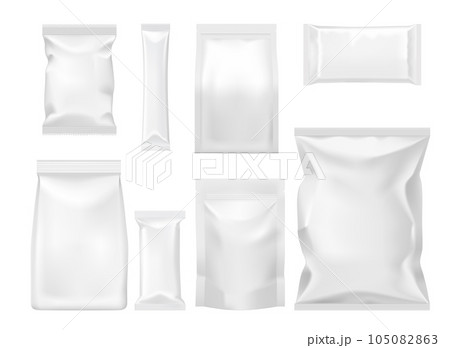 Polymer and paper packages and packets mockups. Food product disposable packaging isolated vector templates. Sugar, dog food, cookie or chips plastic or paper sachets, blank aluminium packets set 105082863