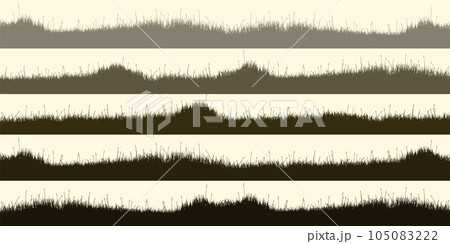 Meadow silhouettes with grass, plants on plain. Panoramic summer lawn landscape with herbs, various weeds. Herbal border, frame element. Brown horizontal banners. Vector illustration 105083222