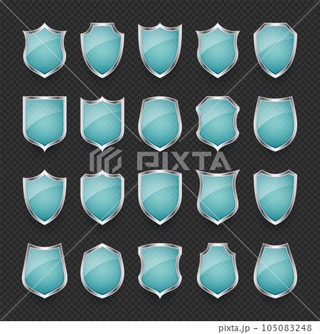 Set of vintage glass 3d shield icons. Blue heraldic shields. Black protection and security symbol, label. Vector illustration Set of vintage glass 3d shield icons. Blue heraldic shields. Black protection and security symbol, label. Vector illustration 105083248
