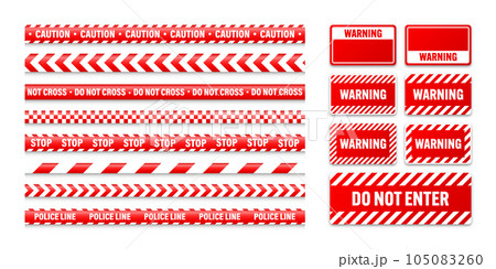 Various barricade construction tapes and warning shields. Red police warning line, brightly colored danger or hazard stripe, ribbon. Restricted area, zone. Attention symbol. Vector illustration 105083260