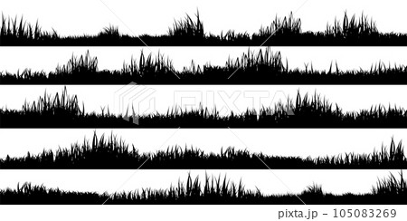 Meadow silhouettes with grass, plants on plain. Panoramic summer lawn landscape with herbs, various weeds. Herbal border, frame element. Black horizontal banners. Vector illustration 105083269