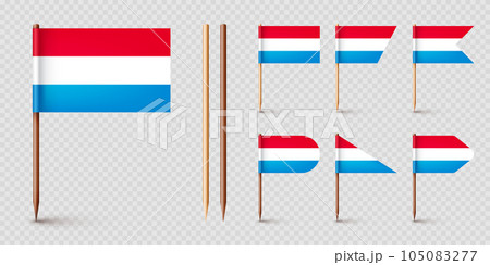 Luxembourgish toothpick flags. Souvenir from Luxembourg. Wooden toothpicks with paper flag. Location mark, map pointer. Blank mockup for advertising and promotions. Vector illustration 105083277