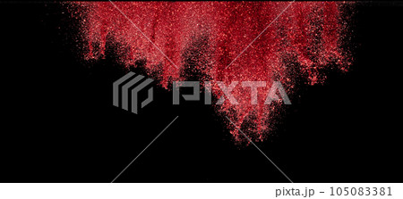 Explosion metallic red glitter sparkle. rose Glitter powder spark blink celebrate, blur foil explode in air, fly throw red glitters particle. Black background isolated, selective focus Blur bokeh 105083381