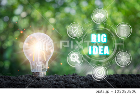 Big idea concept, Light bulb on soil with big idea icon on virtual screen. 105083806