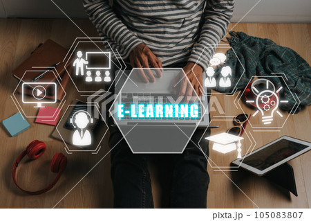 E-learning concept, Person hand working on laptop with e-learning icon on virtual screen, education on internet, e-learning concept. E-learning concept, Person hand working on laptop with e-learning icon on virtual screen, education on internet, e-learning concept. 105083807