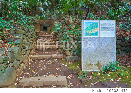秋の東京都世田谷区の等々力渓谷公園の等々力渓谷3号横穴 105084452