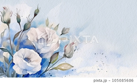 Abstract Floral Blue Lisianthus aka Eustoma Flower Watercolor Background On Paper AI Generated 105085686