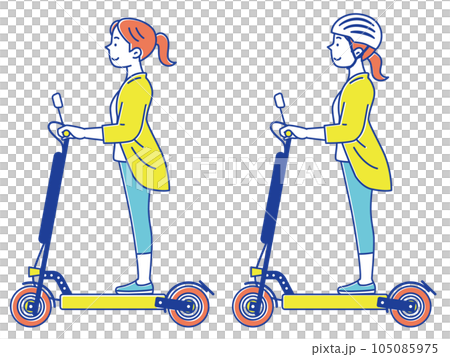 電動キックボードに乗る若い女性のセットイラスト 電動キックボードに乗る若い女性のセットイラスト 105085975