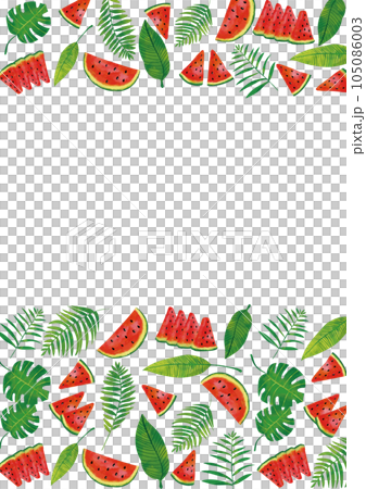 水彩觸摸熱帶樹葉和西瓜框架 105086003