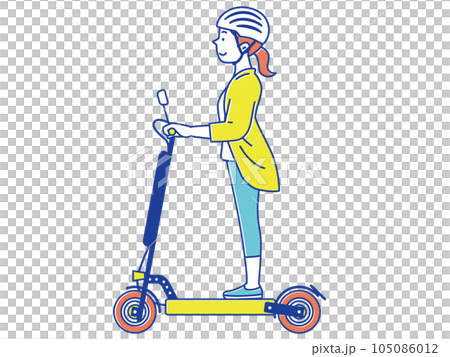 電動キックボードに乗るヘルメットを被った若い女性　横顔 105086012