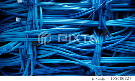A collection of colorful Blue data cables and connectors, representing the interconnectedness of modern information systems.Background A collection of colorful Blue data cables and connectors, representing the interconnectedness of modern information systems.Background 105086827