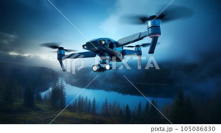 A drone flying high in the sky, capturing aerial images and surveying landscapes, highlighting the use of technology in data collection.Sci-Fi Background A drone flying high in the sky, capturing aerial images and surveying landscapes, highlighting the use of technology in data collection.Sci-Fi Background 105086830