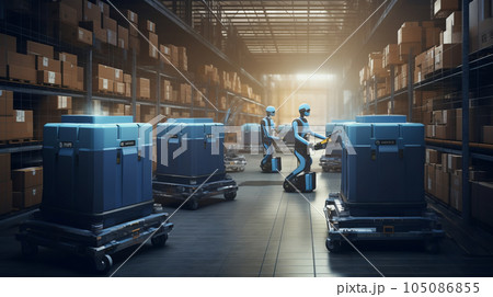 A modern e-commerce warehouse with robotic pickers and packers, showcasing the efficiency of technology in order fulfillment.Background 105086855