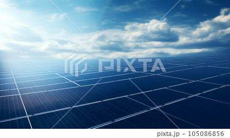 A panorama of solar panels covering a vast field, depicting the use of renewable energy technology in modern businesses.Background 105086856