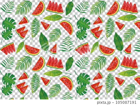 水彩觸感熱帶葉和西瓜圖案 105087191
