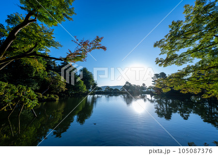 夜明けの兼六園霞ヶ池に朝日が射し込み美しい水鏡の風景｜石川県金沢市 105087376