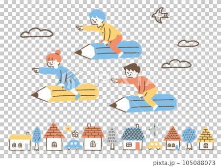 Children riding a pencil in a residential area_color 105088073
