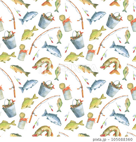 Fishing seamless pattern with fish and hook. Watercolor background for fisherman. 105088360