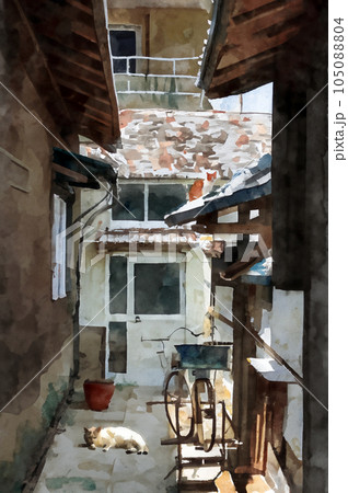 野良猫のいる路地裏の風景イラスト(水彩画)Generative AI 野良猫のいる路地裏の風景イラスト(水彩画)Generative AI 105088804