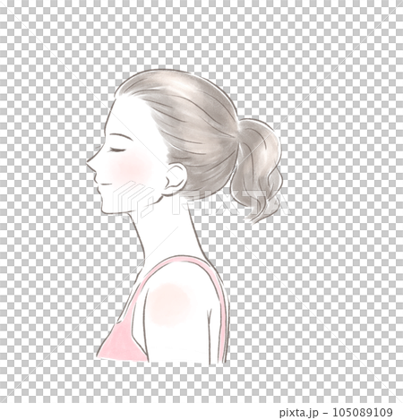 一個扎著馬尾辮、穿著側身吊帶背心、笑著的女人 一個扎著馬尾辮、穿著側身吊帶背心、笑著的女人 105089109