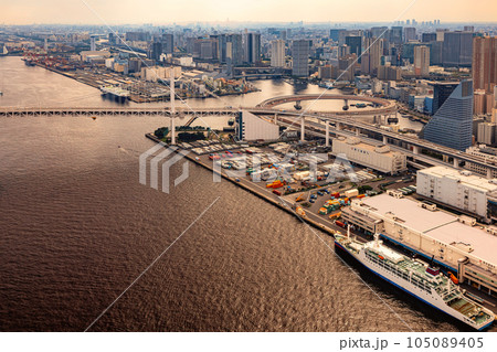 Aerial view of Odaiba Harbor in Tokyo, Japan 105089405