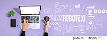 Robotaxi theme with person using laptop computer Robotaxi theme with person using laptop computer 105089422