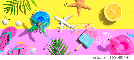 Summer concept with a airplane, a popsicle, flip flops and lemon sunshine 105089448