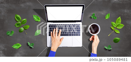 Person using a laptop computer with green leaves Person using a laptop computer with green leaves 105089481